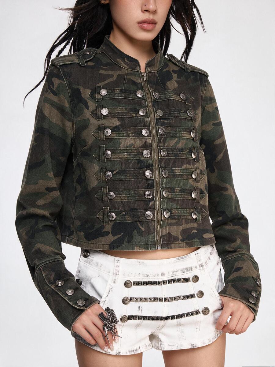 ROMWE Y2K Jaket Denim Ringan Bergaya Punk Nautical dengan Gesper Logam Vintage dan Efek Usang - Hijau Tentara - View 1