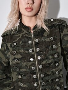 ROMWE Y2K Jaket Denim Ringan Bergaya Punk Nautical dengan Gesper Logam Vintage dan Efek Usang - Hijau Tentara - View 4