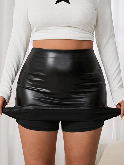 Solflare Plus Size Women's Black PU Casual Soft Pocket Skort (Suitable For Autumn Fitness, Tennis Sports)