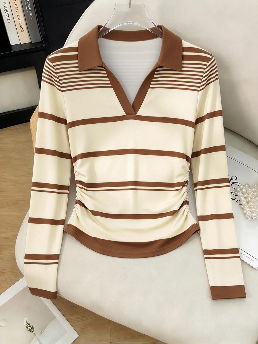 NostaNoir Women's Collared Striped Print Contrast Color Long Sleeve T-Shirt - Multicolor - View 1