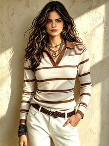 NostaNoir Women's Collared Striped Print Contrast Color Long Sleeve T-Shirt - Multicolor - View 4