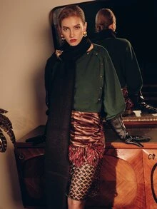 MOTF PREMIUM WOMEN'S WAIST-CINCHING WOOL SWEATER WITH METAL BUCKLE, AUTUMN/WINTER - Green - View 16