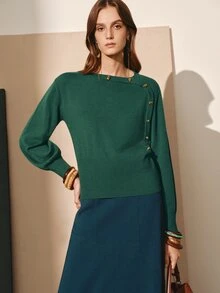 MOTF PREMIUM WOMEN'S WAIST-CINCHING WOOL SWEATER WITH METAL BUCKLE, AUTUMN/WINTER - Green - View 7