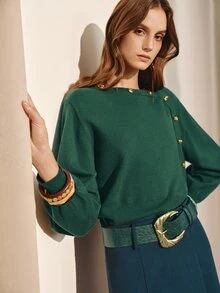 MOTF PREMIUM WOMEN'S WAIST-CINCHING WOOL SWEATER WITH METAL BUCKLE, AUTUMN/WINTER - Green - View 4