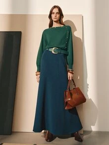 MOTF PREMIUM WOMEN'S WAIST-CINCHING WOOL SWEATER WITH METAL BUCKLE, AUTUMN/WINTER - Green - View 2
