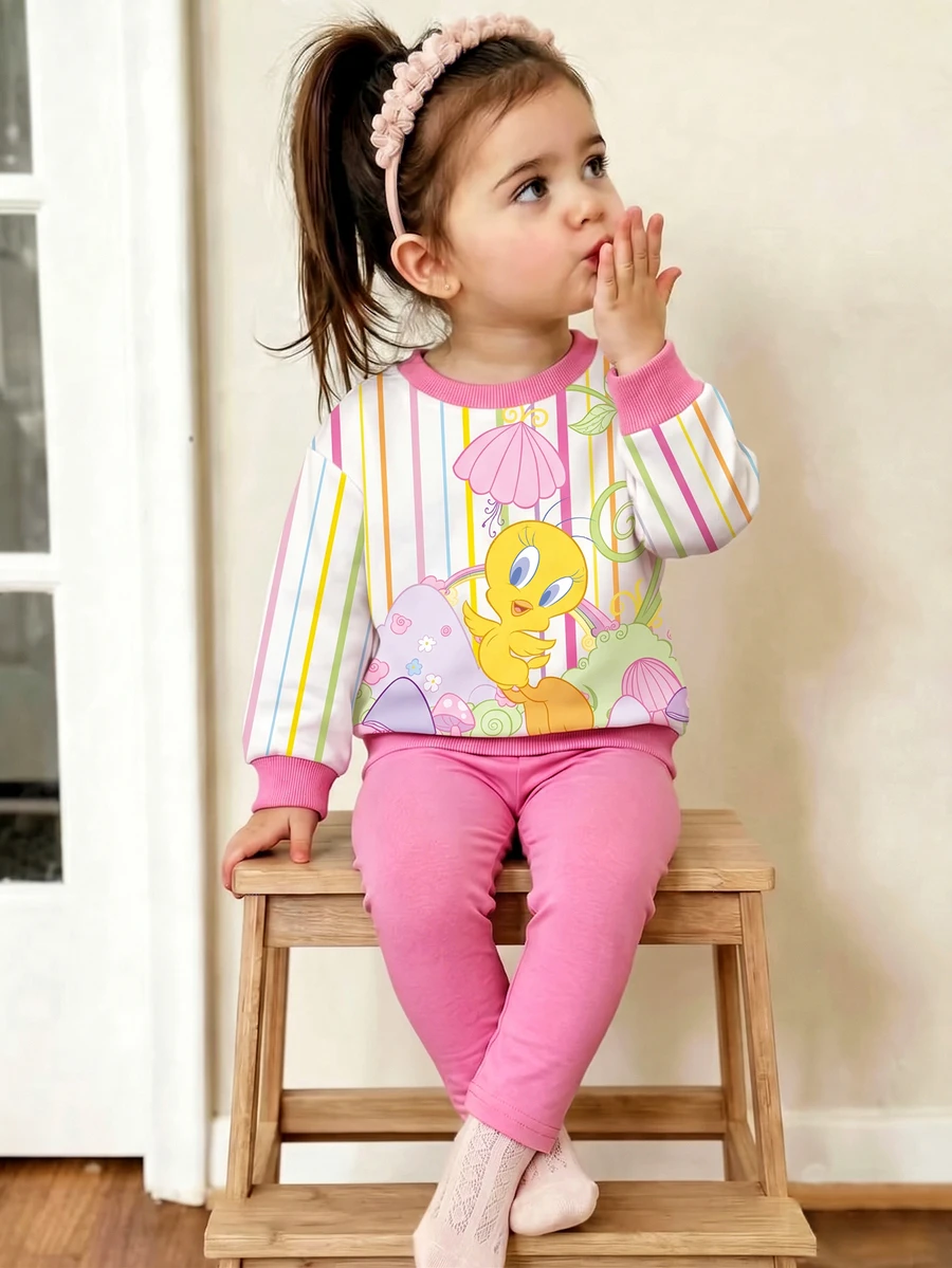 LOONEY TUNES X SHEIN Baby Girl Cartoon Print Long Sleeve Sweatshirt And Leggings Set - Hot Pink - View 1