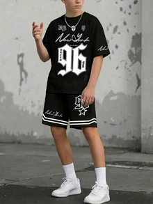 Teen Boy Summer Casual Letter & Number Print T-Shirt And Shorts Set - Multicolor - View 4