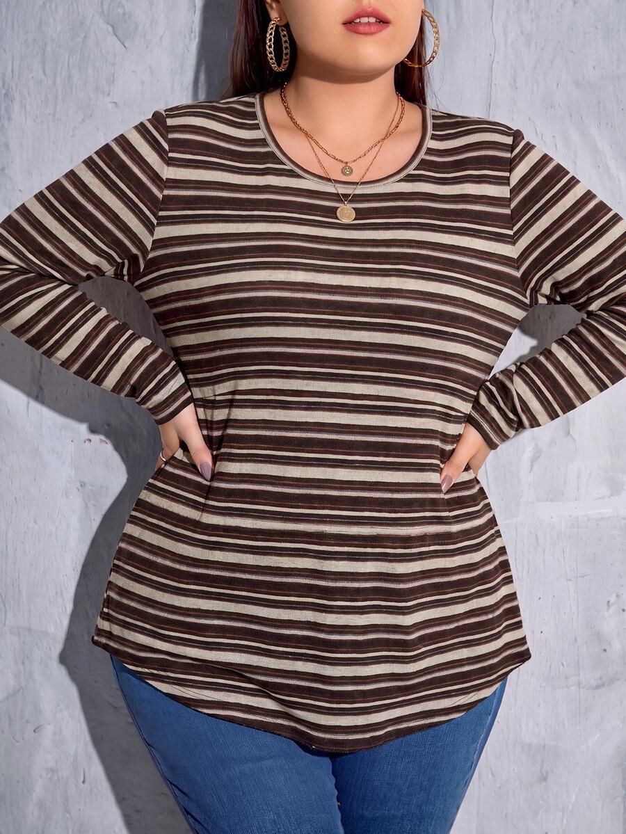 Shapeblank Plus Size Women's Autumn Fashion Casual Elastic Comfortable Daily Basic Versatile Slimming Long Sleeve Retro Striped T-Shirt, Out,Fall,Winter - Multicolor - View 1
