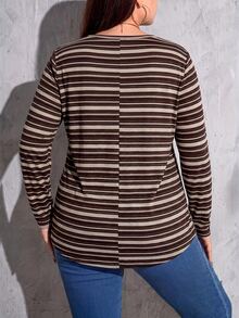 Shapeblank Plus Size Women's Autumn Fashion Casual Elastic Comfortable Daily Basic Versatile Slimming Long Sleeve Retro Striped T-Shirt, Out,Fall,Winter - Multicolor - View 2