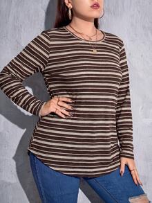 Shapeblank Plus Size Women's Autumn Fashion Casual Elastic Comfortable Daily Basic Versatile Slimming Long Sleeve Retro Striped T-Shirt, Out,Fall,Winter - Multicolor - View 3