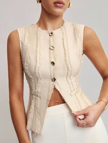 Avenya Elegant Fringe Jacquard Fabric Hem Slit Camisole - Apricot - View 3