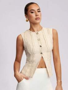 Avenya Elegant Fringe Jacquard Fabric Hem Slit Camisole - Apricot - View 1