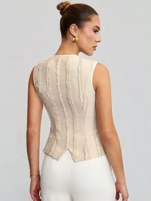 Avenya Elegant Fringe Jacquard Fabric Hem Slit Camisole - Apricot - View 6