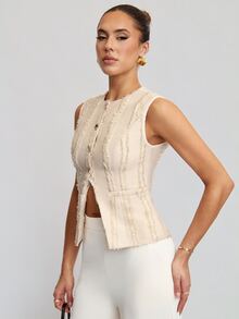 Avenya Elegant Fringe Jacquard Fabric Hem Slit Camisole - Apricot - View 2