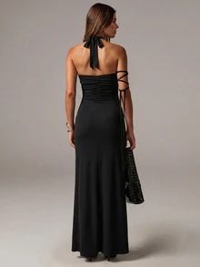 Avenya Women's Solid Color Halter Backless Fitted Slit Dress Night Out Black Summer Sexy Club Party - Black - View 8