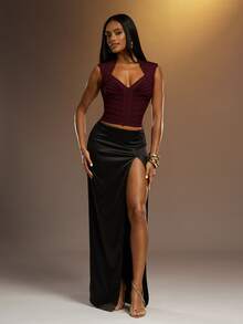Hauture Plum Brown Sweetheart Neckline Sculpted High Stretch Bandage Top - Burgundy - View 6