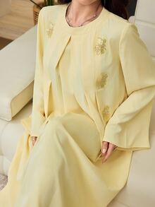 Al Najma Women Spring Fall Light Yellow Round Neck Gold Embroidery Wide Sleeve Two Piece Abaya Outer Robe Modest Outfit For Visiting Outing And Banquet - Yellow - View 1
