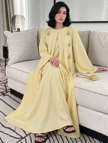 Al Najma Women Spring Fall Light Yellow Round Neck Gold Embroidery Wide Sleeve Two Piece Abaya Outer Robe Modest Outfit For Visiting Outing And Banquet - Yellow - View 8