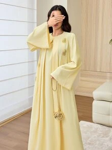 Al Najma Women Spring Fall Light Yellow Round Neck Gold Embroidery Wide Sleeve Two Piece Abaya Outer Robe Modest Outfit For Visiting Outing And Banquet - Yellow - View 6