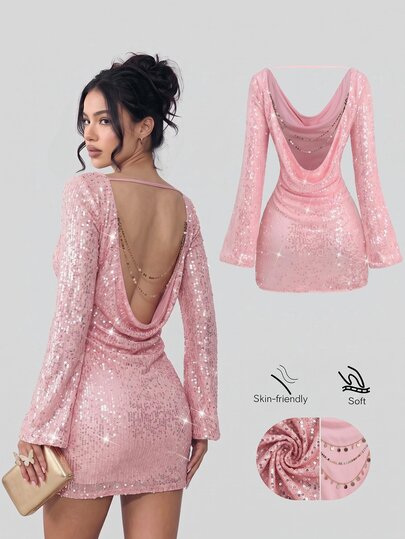 Sweetra Sexy Sweet Cool Simple Y2K Millennium Style Elegant Glamorous Birthday Party Photo Shoot Bestie Gathering Cocktail Party Long Sleeve Bodycon Dress With Draped Neck Deep Backless Design And Metal Chain Decoration Flared Sleeves Spring Autumn Winter Women's Pink Dress