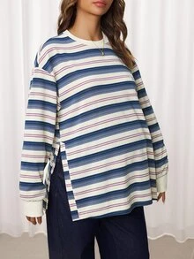 SHEIN Maternity Striped Letter Print Drop Shoulder Long Sleeve Casual Loose Fit T-Shirt Fall - Multicolor - View 7