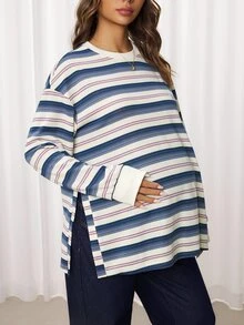 SHEIN Maternity Striped Letter Print Drop Shoulder Long Sleeve Casual Loose Fit T-Shirt Fall - Multicolor - View 5