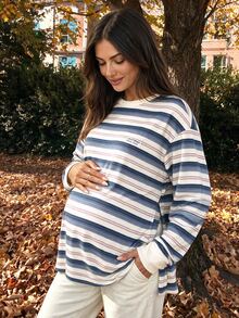 SHEIN Maternity Striped Letter Print Drop Shoulder Long Sleeve Casual Loose Fit T-Shirt Fall - Multicolor - View 4
