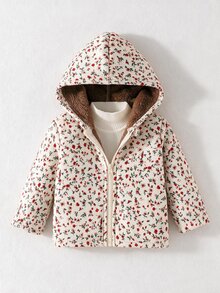 SHEIN Baby Girl Retro Floral Fleece Hooded Jacket Fall, Casual Daily Wear Winter - Apricot - View 5