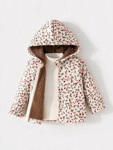 SHEIN Baby Girl Retro Floral Fleece Hooded Jacket Fall, Casual Daily Wear Winter - Apricot - View 6