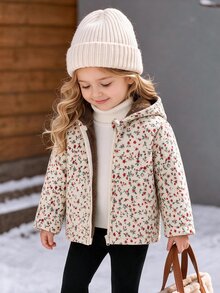SHEIN Baby Girl Retro Floral Fleece Hooded Jacket Fall, Casual Daily Wear Winter - Apricot - View 4