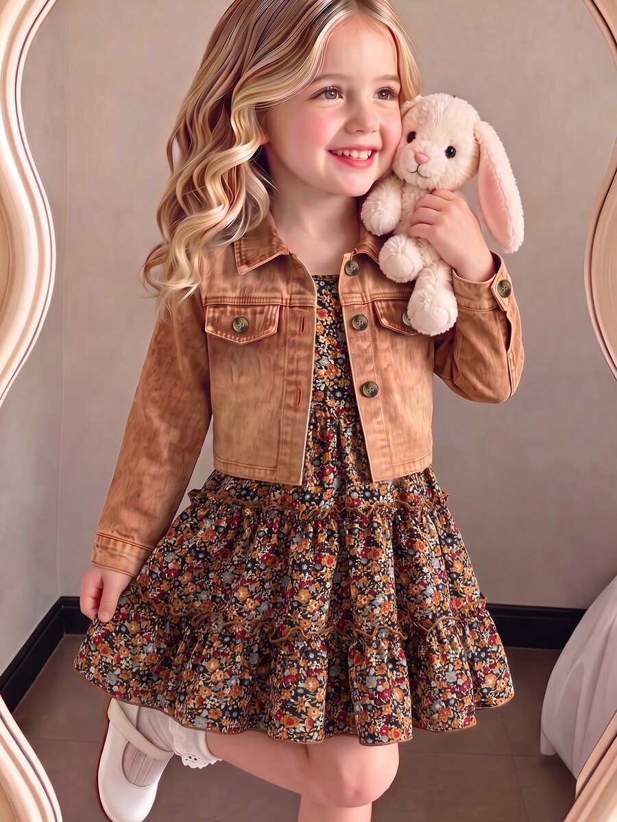 SHEIN Girls Corduroy Jacket Floral Strap Dress 2 Pieces Set Top Lapel Short Long Sleeve Jacket Inner Camiso Vintage Mori Style 7th Birthday Brown Fall - Brown - View 1