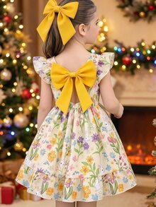 SHEIN 女童優雅仙女花卉印花洋裝，蝴蝶夏季度假風，飄逸袖鏤空露背蝴蝶結荷葉邊校服風，7歲生日彩虹款 - 黃色 - 查看 6