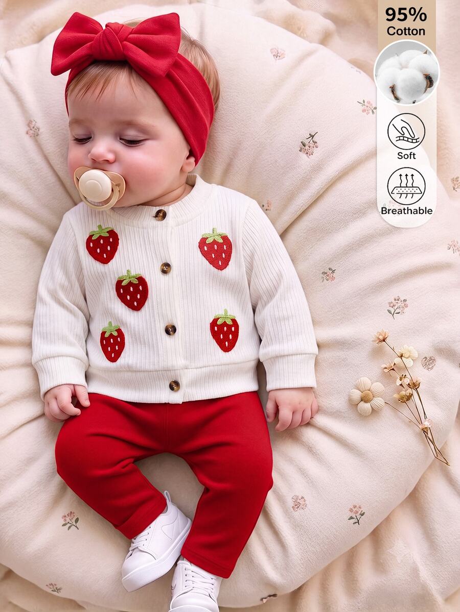 SHEIN 2件組新生女嬰休閒可愛純棉草莓刺繡長袖鈕扣上衣＋紅色內搭褲套裝，適合秋冬日常穿著