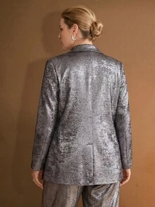 MOTF PREMIUM PLUS SIZE WOMEN'S FASHIONABLE METALLIC SHINY SILVER LOOSE FIT BLAZER - Silver - View 4