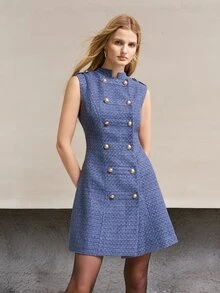 MOTF PREMIUM VINTAGE BRITISH STYLE SLEEVELESS DOUBLE-BREASTED SHORT DRESS, ELEGANT AND SOPHISTICATED WOMEN'S DRESS - Blue - View 7