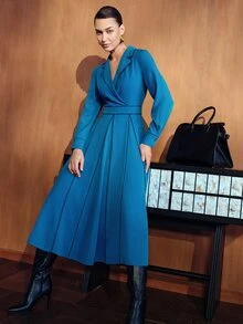 MOTF PREMIUM WOMEN'S BLUE COMMUTER SPLIT DESIGN SPROUT TRIM ELEGANT MID-LENGTH DRESS - Blue - View 5
