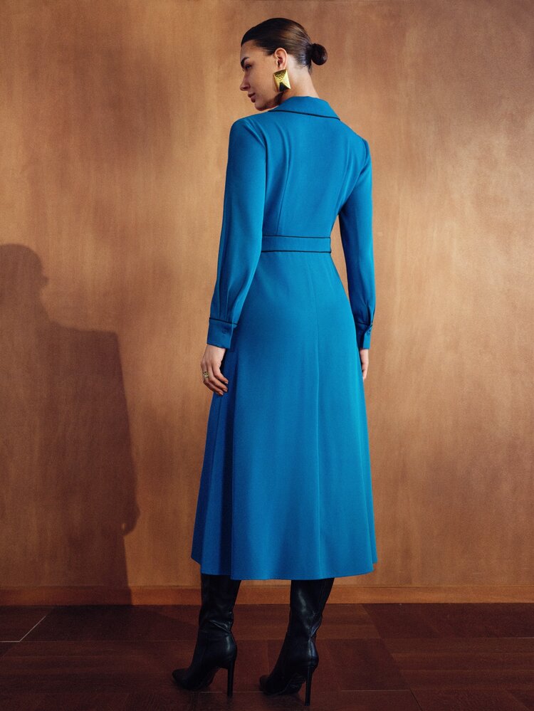 MOTF PREMIUM WOMEN'S BLUE COMMUTER SPLIT DESIGN SPROUT TRIM ELEGANT MID-LENGTH DRESS - Blue - View 3