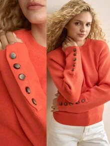 MOTF PREMIUM 1PC ROUND NECK CASUAL MULTI-PURPOSE MINIMALIST LONG SLEEVE BUTTON KNIT SWEATER, SUITABLE FOR AUTUMN/WINTER WEAR. - Orange - View 1