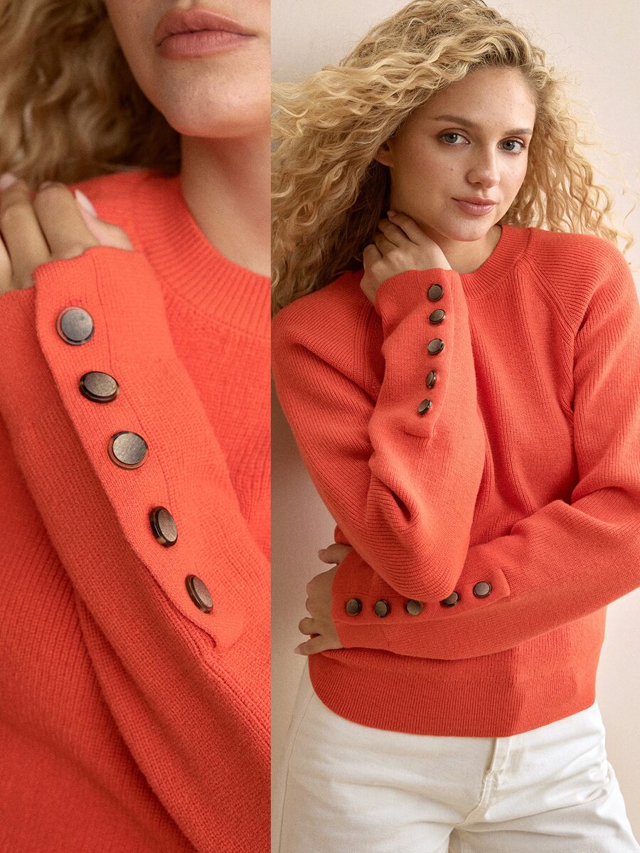 MOTF PREMIUM 1PC ROUND NECK CASUAL MULTI-PURPOSE MINIMALIST LONG SLEEVE BUTTON KNIT SWEATER, SUITABLE FOR AUTUMN/WINTER WEAR. - Orange - View 1