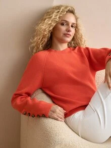 MOTF PREMIUM 1PC ROUND NECK CASUAL MULTI-PURPOSE MINIMALIST LONG SLEEVE BUTTON KNIT SWEATER, SUITABLE FOR AUTUMN/WINTER WEAR. - Orange - View 5