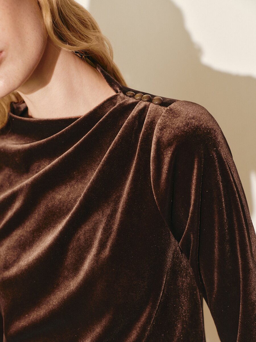 MOTF PREMIUM WOMEN'S SOLID COLOR PLEATED LONG SLEEVE FASHION TOP, AUTUMN/WINTER - Brown - View 1