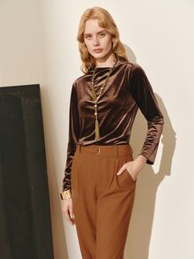MOTF PREMIUM WOMEN'S SOLID COLOR PLEATED LONG SLEEVE FASHION TOP, AUTUMN/WINTER - Brown - View 4