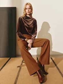 MOTF PREMIUM WOMEN'S SOLID COLOR PLEATED LONG SLEEVE FASHION TOP, AUTUMN/WINTER - Brown - View 2