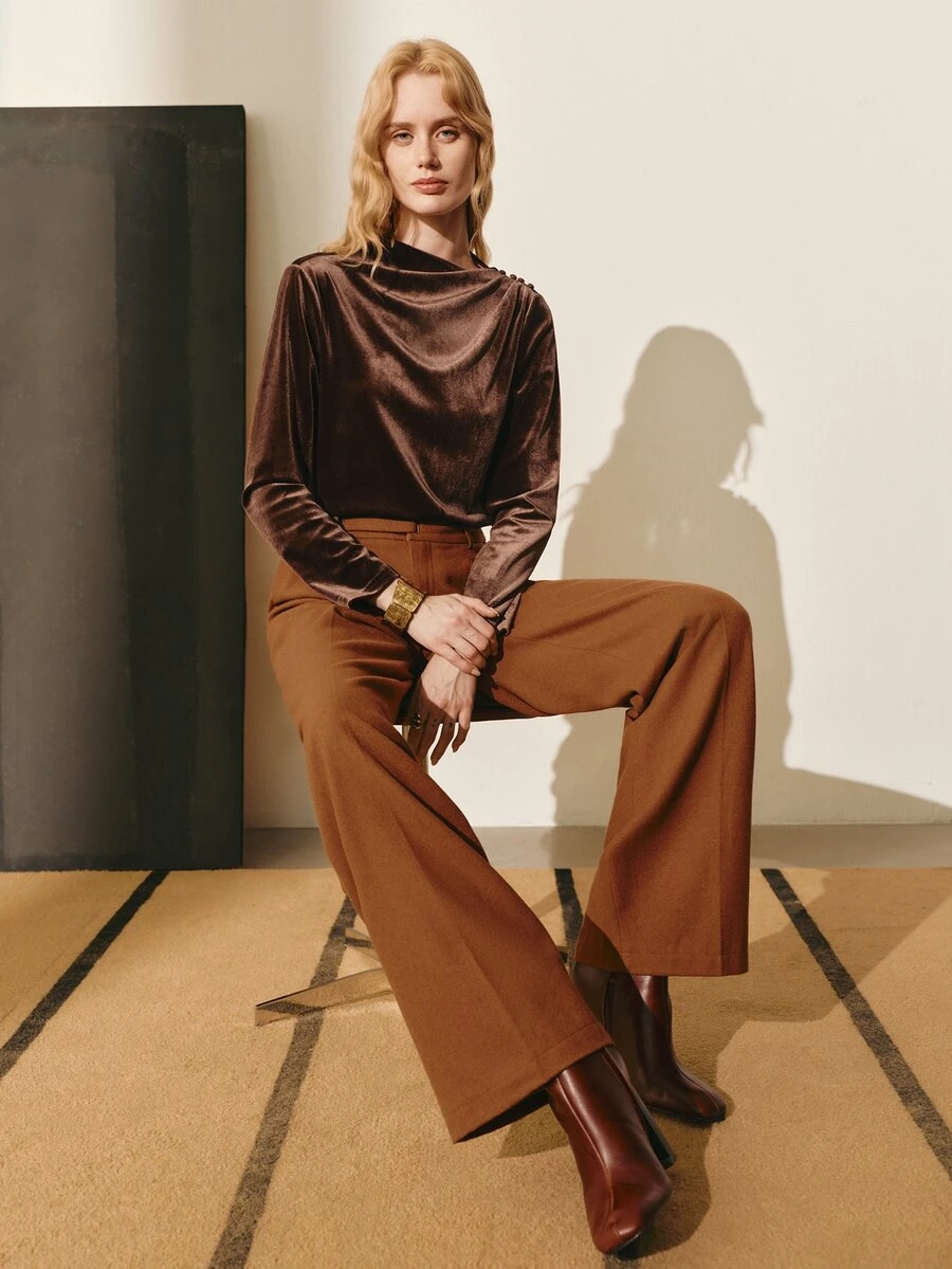 MOTF PREMIUM WOMEN'S SOLID COLOR PLEATED LONG SLEEVE FASHION TOP, AUTUMN/WINTER - Brown - View 2