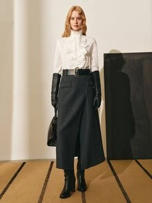 MOTF PREMIUM Chân váy len tweed nữ mùa thu/đông có thắt lưng - Màu xám đen - Xem 6