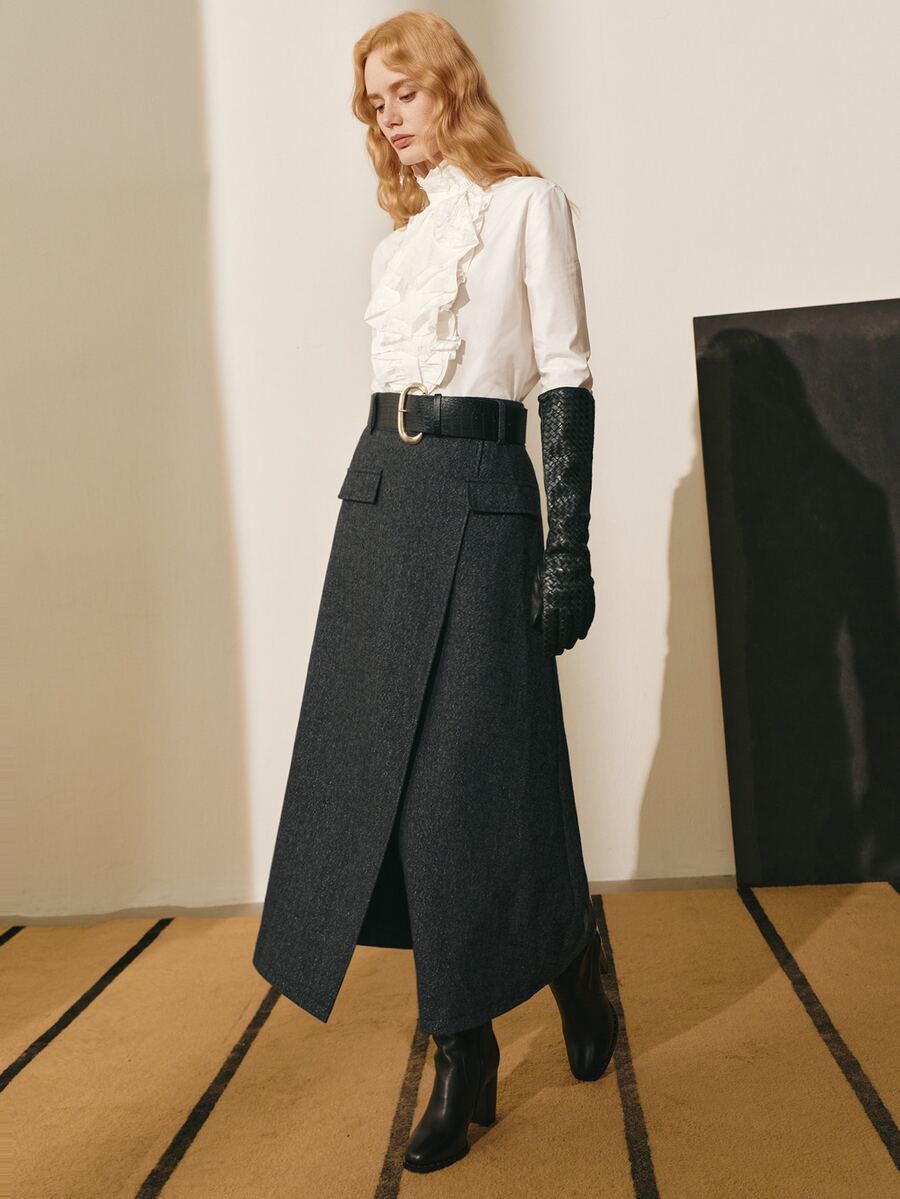 MOTF PREMIUM WOMEN'S AUTUMN/WINTER WOOL TWEED SKIRT WITH BELT - Dark Grey - View 2