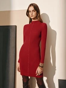 MOTF PREMIUM WOMEN'S AUTUMN/WINTER HIGH NECK KNIT & LEATHER PATCHWORK KNEE-LENGTH FITTED DRESS - Coffee Brown - View 3