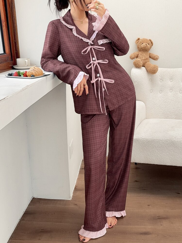 Napfluff Women's Colorblock Long Sleeve Top And Pants Casual Daily Home Sleepwear Set - Brown - View 3