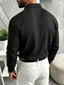 Calvornis Men's Business Casual Formal Solid Color Textured Jacquard Long Sleeve Shirt, Perfect Gift For Holidays - Black - View 2