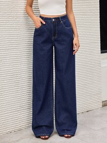 SHEIN Tall Women's Fashion Versatile Button Pocket Denim Jeans - Dark Wash - View 5